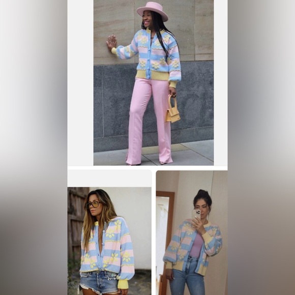 Zara Pastel Blue and Pink Cardigan with Yellow Floral Accents - Picture 2 of 13